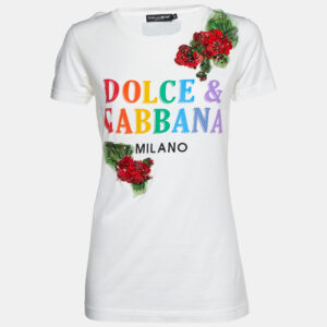 Dolce & Gabbana White Floral Appliqued Cotton Crew Neck T-Shirt S