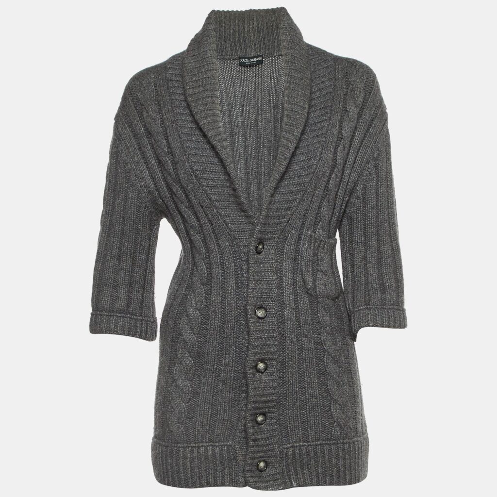 luxury-women-dolcegabbana-used-clothes-p1128024-005 Dolce & Gabbana Grey Chunky Knit Button Front Cardigan XL