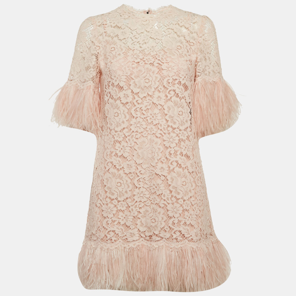 luxury-women-dolcegabbana-used-clothes-p1130337-002.jpg Dolce & Gabbana Pink Lace Feather Embellished Mini Dress S