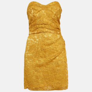 Dolce & Gabbana Yellow Lace Draped Strapless Mini Dress M