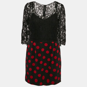 dolce & gabbana black lace and polka dot print silk mini dress m