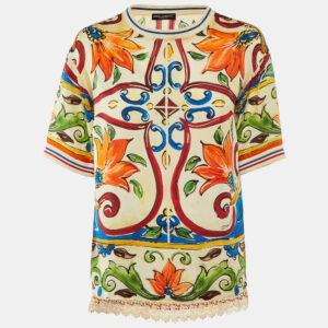 Dolce & Gabbana Multicolor Majolica Print Silk Lace Trim Top S