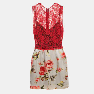Dolce & Gabbana Red Lace and Floral Print Satin Mini Dress M