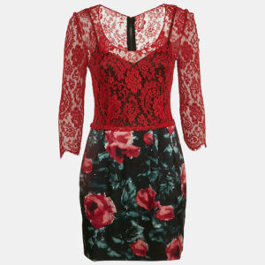 Dolce & Gabbana Red/Black Lace and Floral Print Crepe Mini Dress M