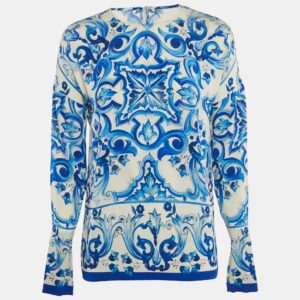 Dolce & Gabbana White/Blue Printed Silk Long Sleeve Top S