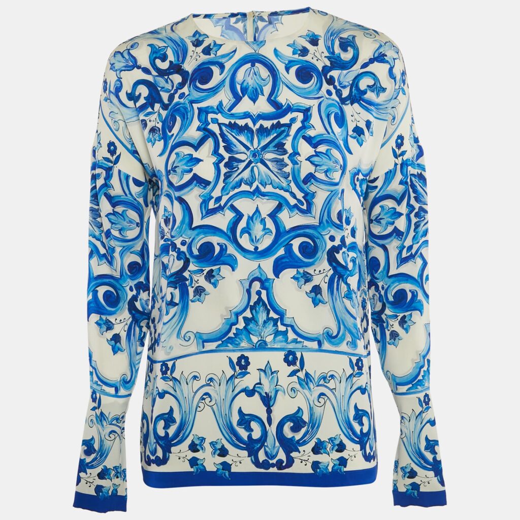 luxury-women-dolcegabbana-used-clothes-p1137781-001 Dolce & Gabbana White/Blue Printed Silk Long Sleeve Top S