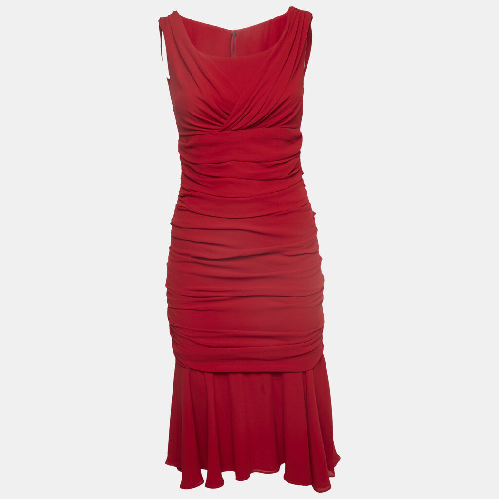 Dolce & Gabbana Red Silk Draped Sleeveless Midi Dress S