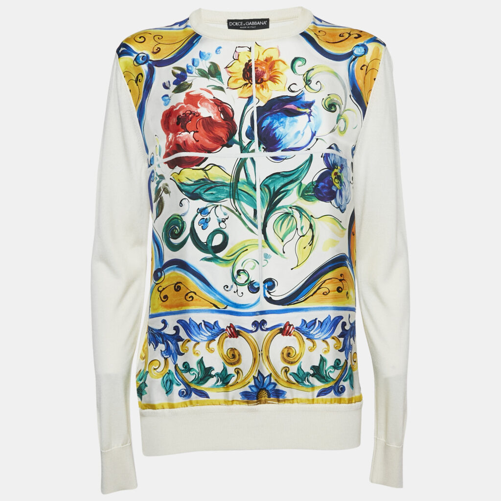 luxury-women-dolcegabbana-used-clothes-p1141656-005 Dolce & Gabbana Multicolor/Off-White Printed Silk Long Sleeve Top XS