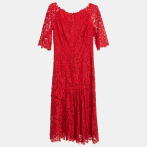 Dolce & Gabbana Red Lace Short Sleeve Midi Dress M
