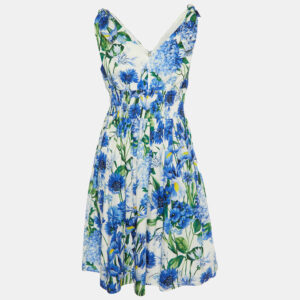 Dolce & Gabbana Blue Floral Print Cotton Sleeveless Dress L