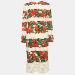 Dolce & Gabbana Multicolor Floral Print Crepe Lace Panel Detail Midi Dress XL