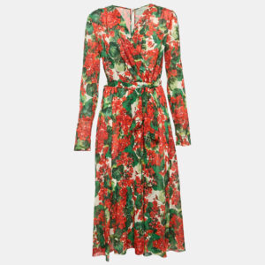 Dolce & Gabbana Multicolor Floral Print Silk Belted Midi Dress L