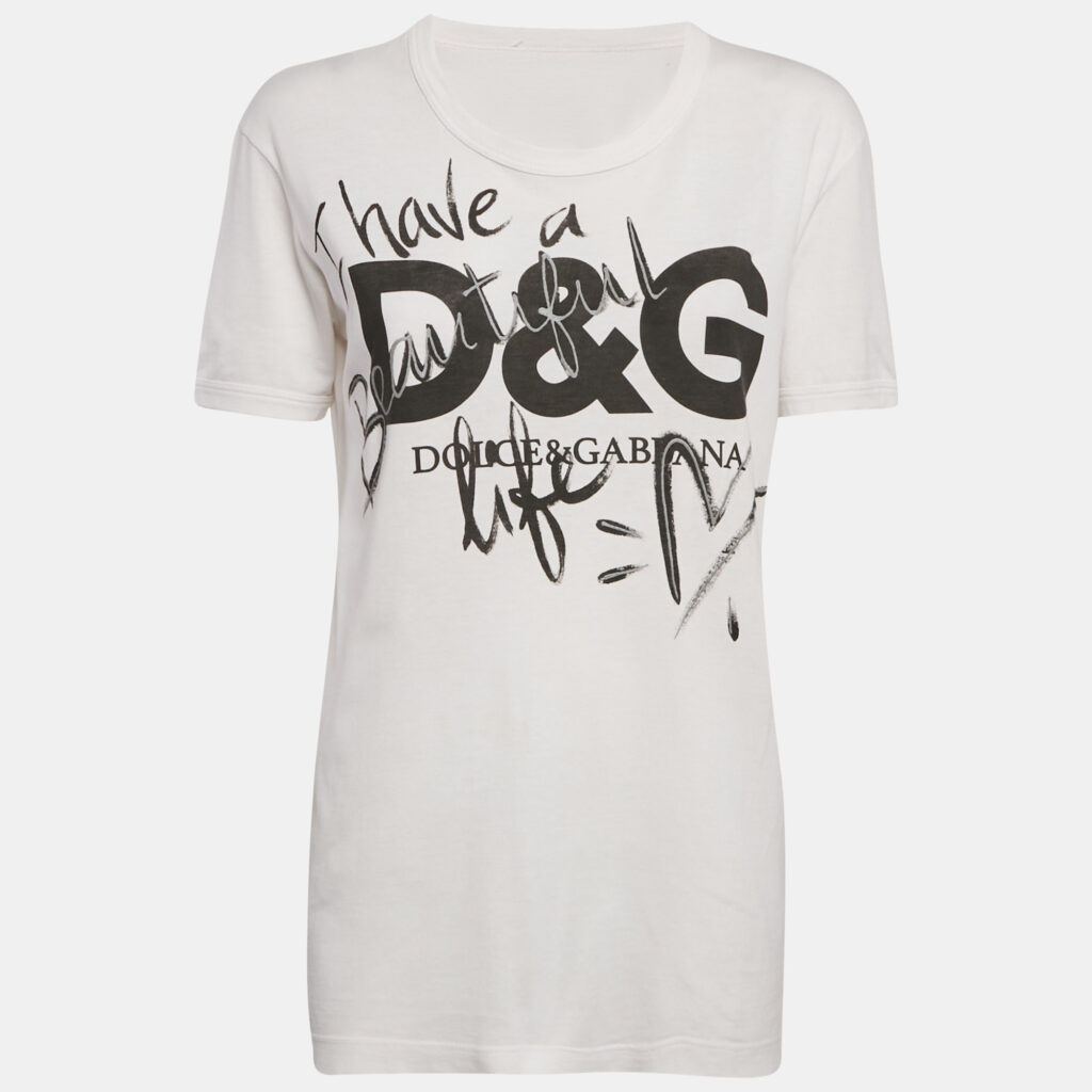 luxury-women-dolcegabbana-used-clothes-p1154052-005 Dolce & Gabbana White Logo Print Cotton Crew Neck T-Shirt S