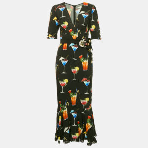 Dolce & Gabbana Black Embellished and Cocktail Print Crepe Long Dress S