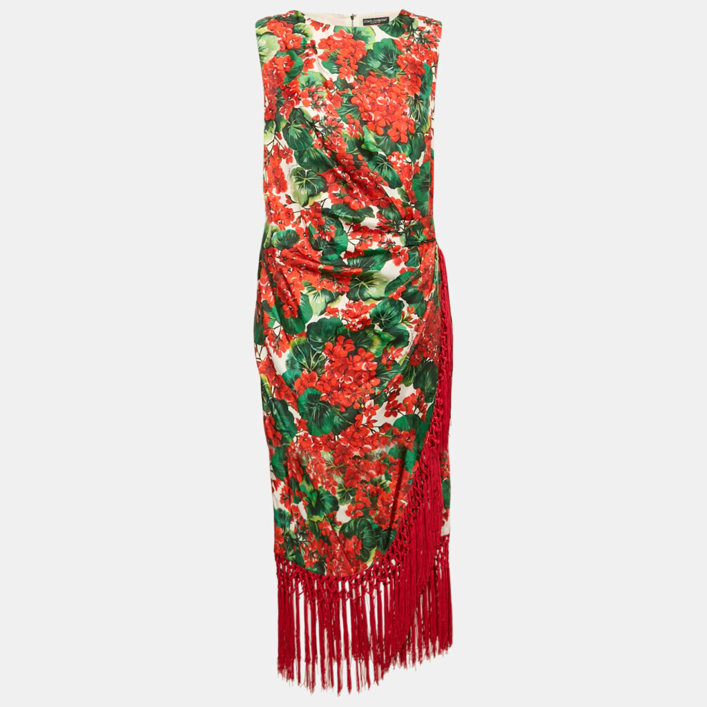luxury-women-dolcegabbana-used-clothes-p1155115-002 Dolce & Gabbana Multicolor Floral Print Silk Tasseled Sleeveless Dress S