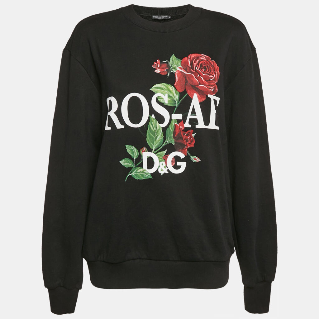 Dolce & Gabbana Black Rose Print Cotton Sweatshirt XXS