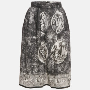 Dolce & Gabbana Black Printed Linen Pleated Midi Skirt S