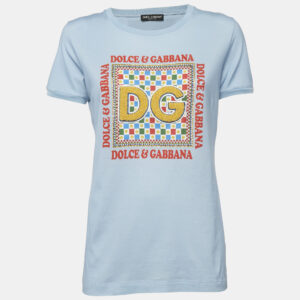 Dolce & Gabbana Light Blue Logo Embellished Knit Crew Neck T-Shirt M
