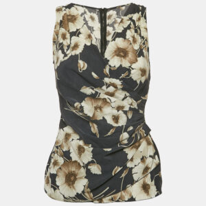 Dolce & Gabbana Dark Grey Floral Print Silk Blend Draped Top S