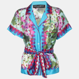 dolce & gabbana multicolor floral print silk belted top xs