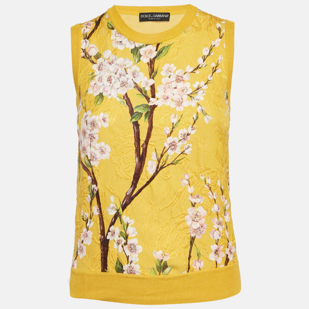 luxury-women-dolcegabbana-used-clothes-p1164892-001 Dolce & Gabbana Yellow Floral Print Silk and Cotton Knit Sleeveless Top S
