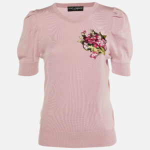 Dolce & Gabbana Pink Wool Knit Floral Appliqued Jumper M