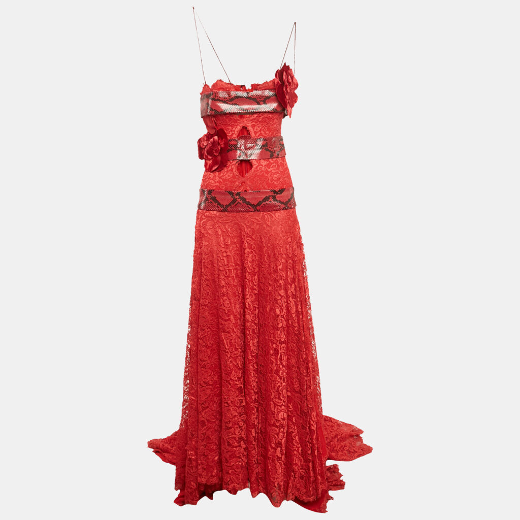 luxury-women-dolcegabbana-used-clothes-p1168629-002 Dolce & Gabbana Red Snakeskin Leather Trim Lace Slit Detail Gown S