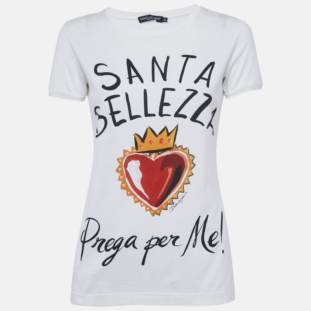luxury-women-dolcegabbana-used-clothes-p1169274-001 Dolce & Gabbana White Santa Belleza Print Jersey T-Shirt M