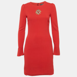 Dolce & Gabbana Red Crepe Logo Embellished Long Sleeve Mini Dress S
