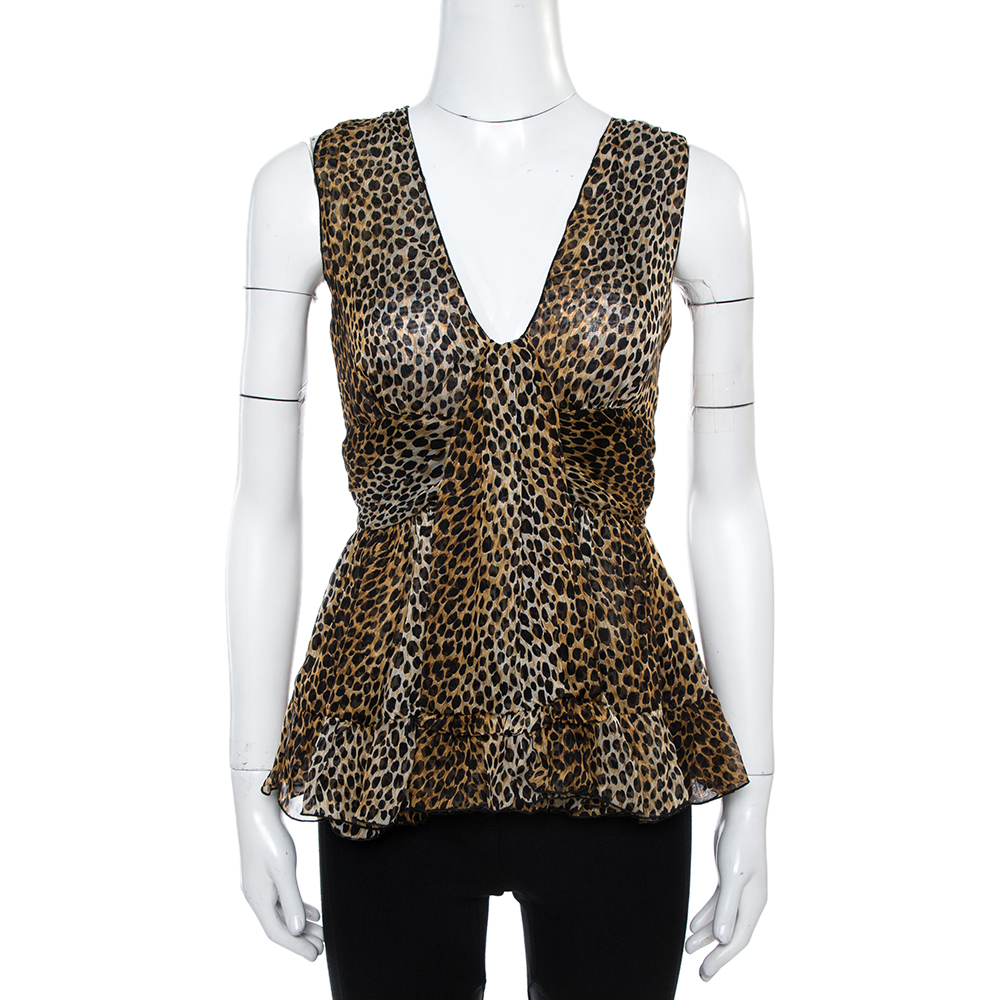 luxury-women-dolcegabbana-used-clothes-p355481-001 Dolce & Gabbana Brown Animal Print Ruffle Detail Sleeveless Top M