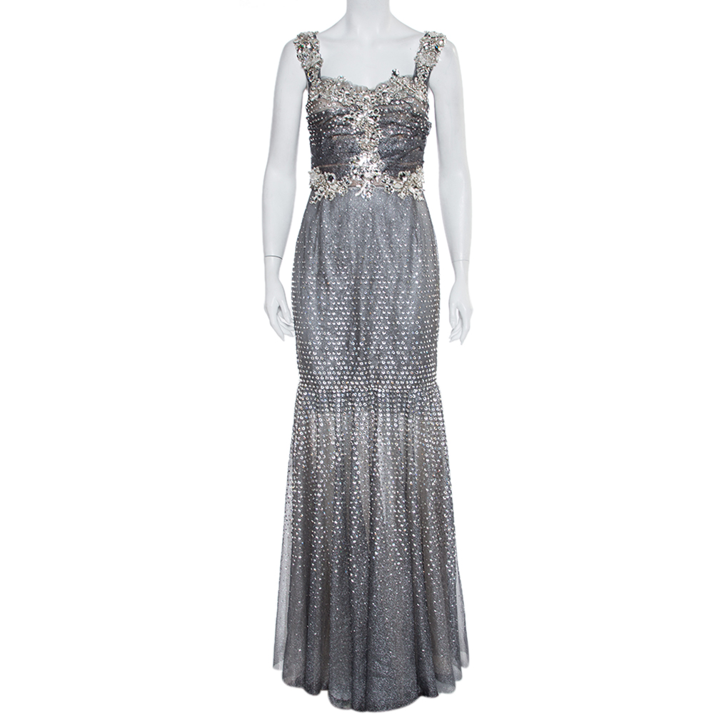 luxury-women-dolcegabbana-used-clothes-p392746-004 Dolce & Gabbana Silver Tulle Crystal Embellished Mermaid Evening Gown M