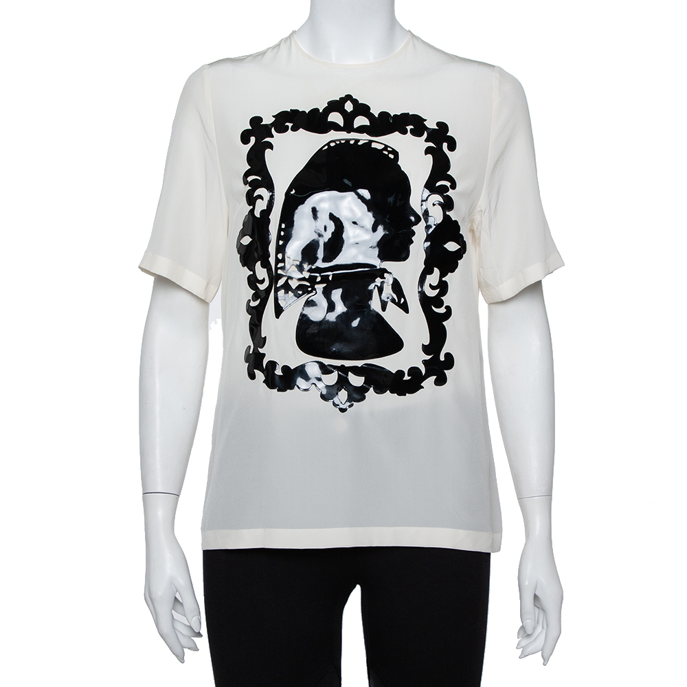 luxury-women-dolcegabbana-used-clothes-p404687-002 Dolce & Gabbana Cream Silk Silhouette Applique Detail Short Sleeve Top M