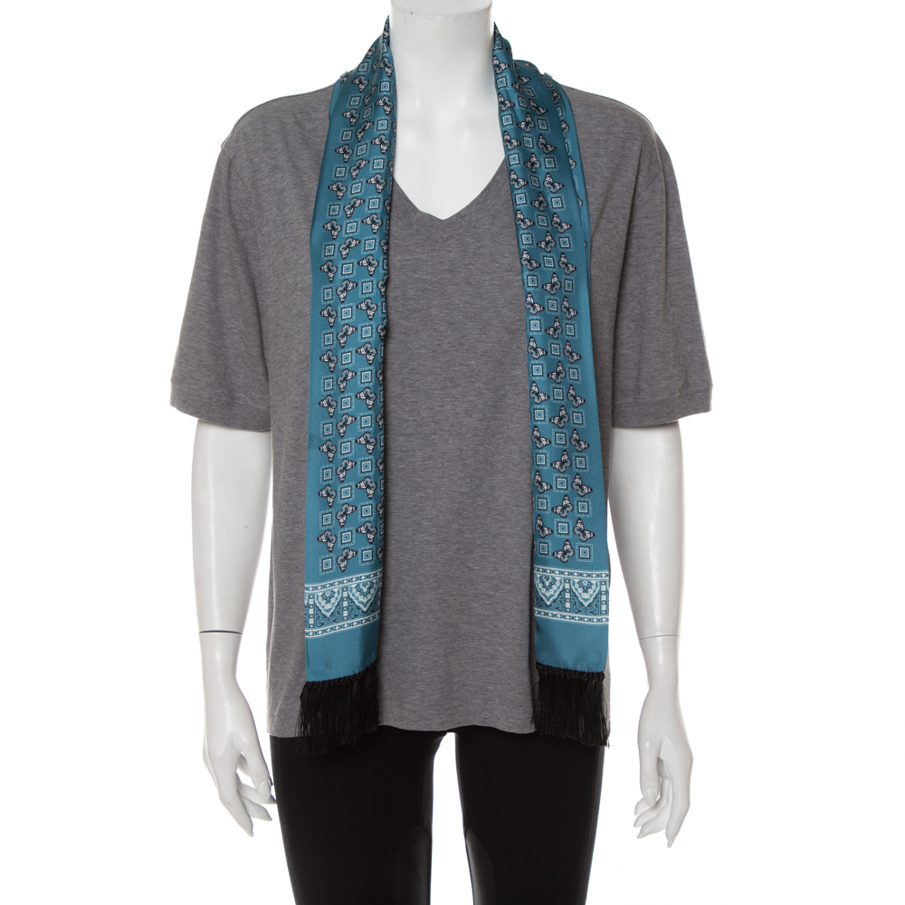 luxury-women-dolcegabbana-used-clothes-p412006-002 Dolce & Gabbana Grey Cotton V-Neck T-Shirt with Butterfly Printed Tasseled Silk Scarf S