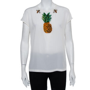 Dolce & Gabbana Cream Silk Sequin Embellished Trim Blouse M