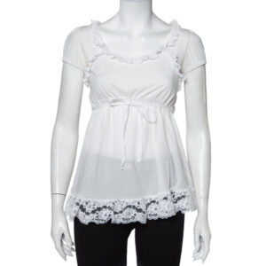 Dolce & Gabbana White Knit Lace Trim Waist Tie Detail Top M