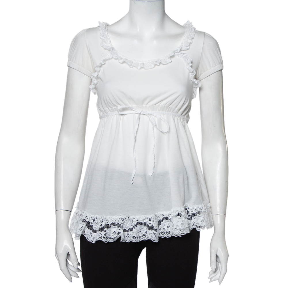luxury-women-dolcegabbana-used-clothes-p425596-005 Dolce & Gabbana White Knit Lace Trim Waist Tie Detail Top M