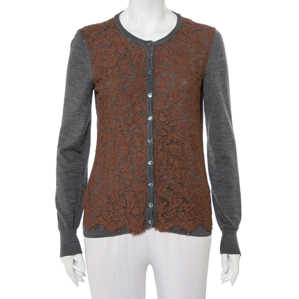 luxury-women-dolcegabbana-used-clothes-p448872-001 Dolce & Gabbana Grey Wool Contrast Lace Trim Button Front Cardigan M