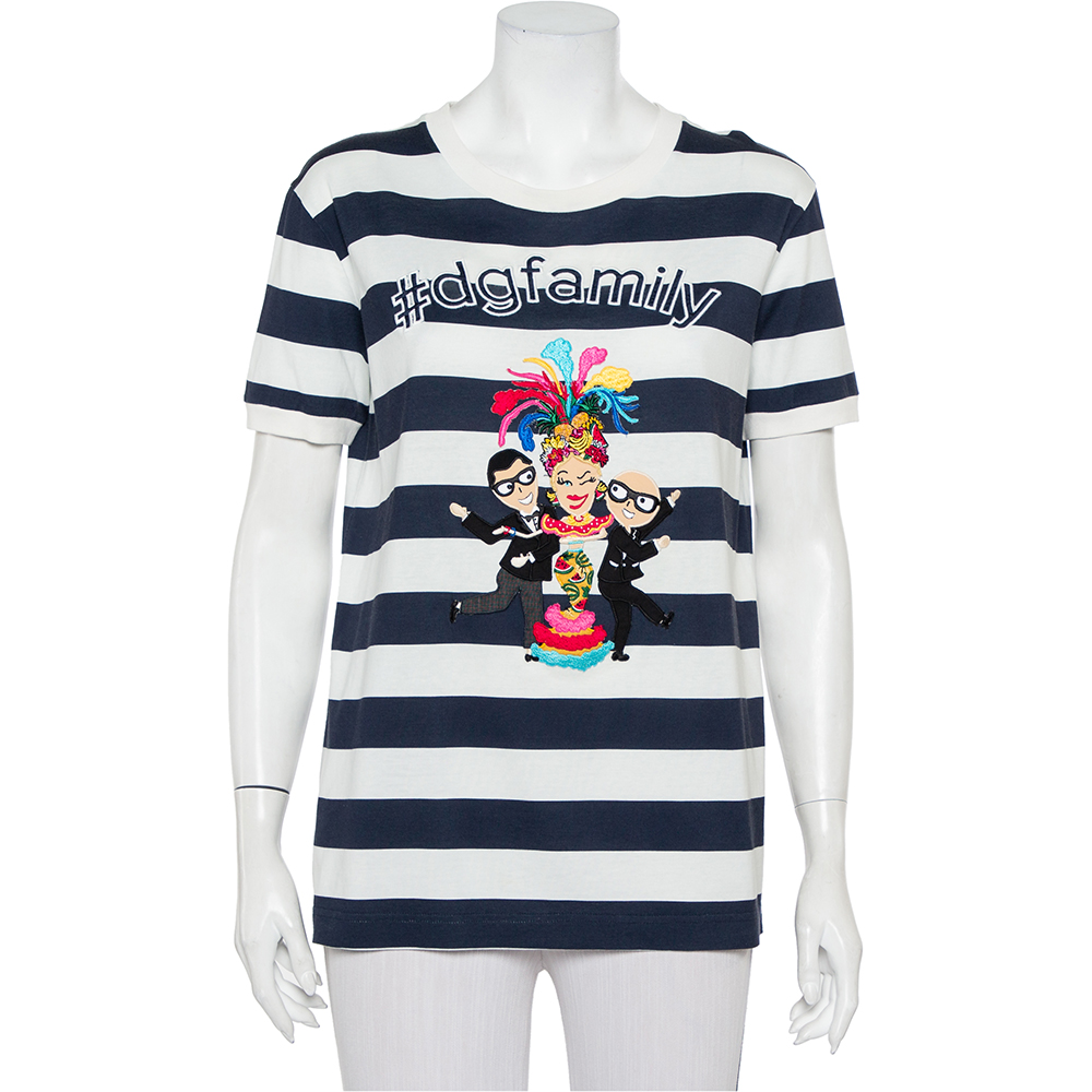 luxury-women-dolcegabbana-used-clothes-p460441-005 Dolce & Gabbana White & Navy Blue Striped Cotton Patch Detail Crewneck T-Shirt M