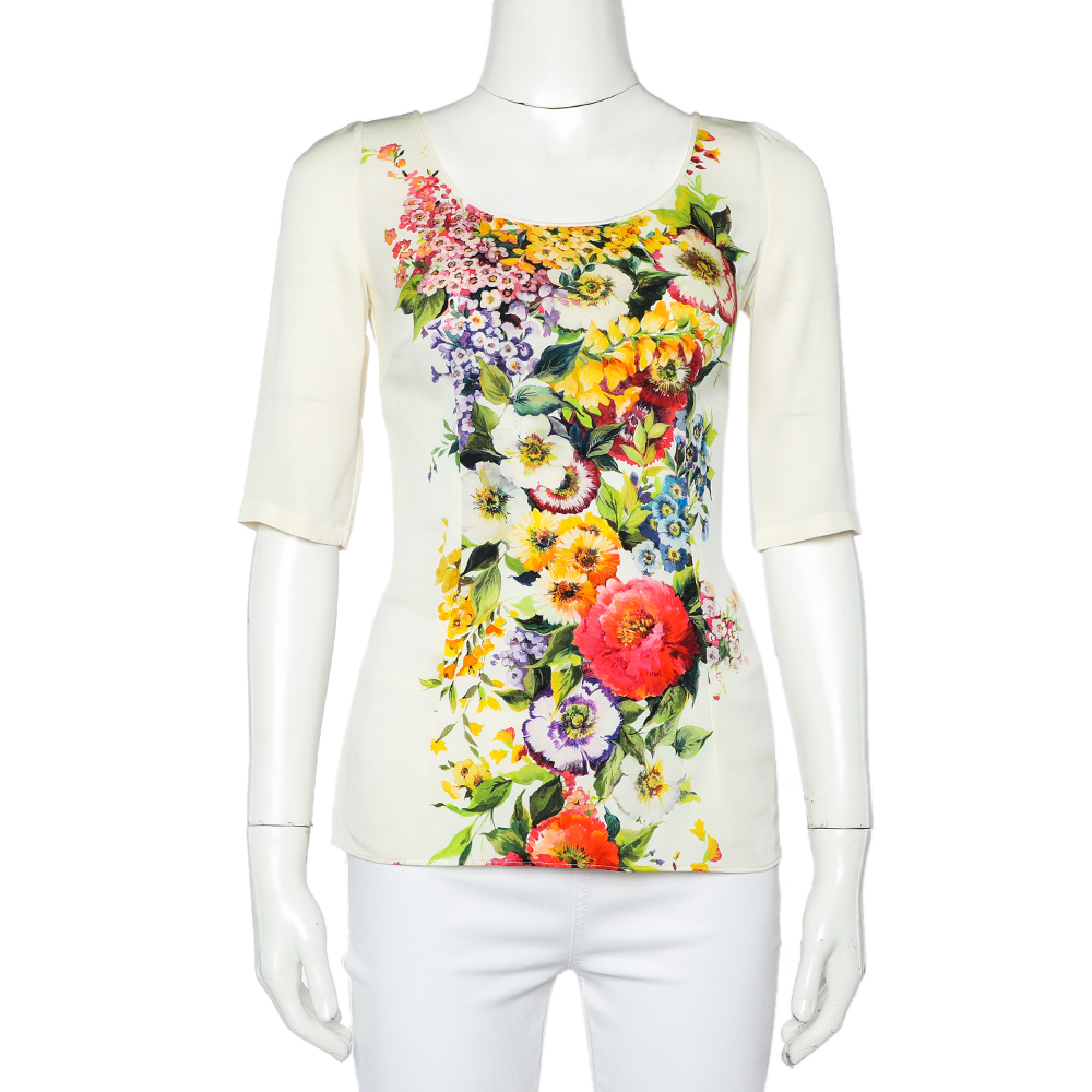 luxury-women-dolcegabbana-used-clothes-p471840-005 Dolce & Gabbana Cream Floral Printed Roundneck Top S
