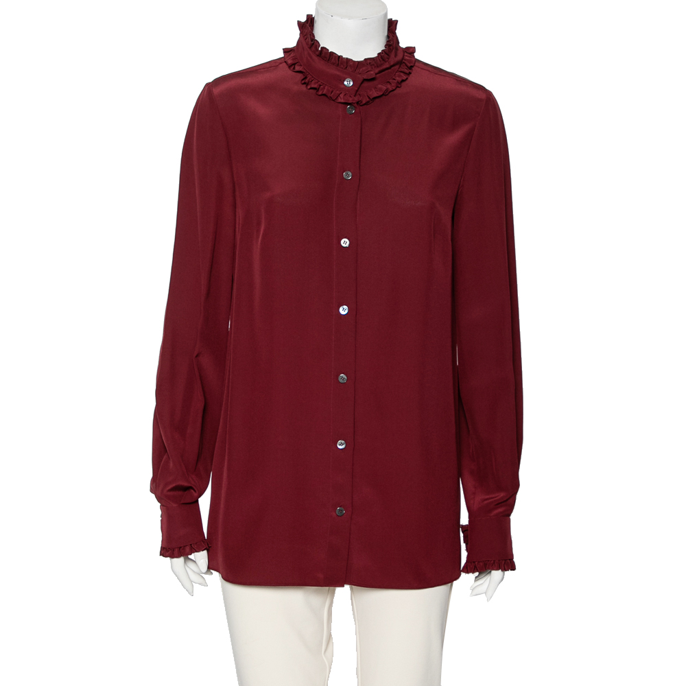 luxury-women-dolcegabbana-used-clothes-p591870-004-2 Dolce & Gabbana Burgundy Silk Ruffle Trim Detailed Button Front Shirt M
