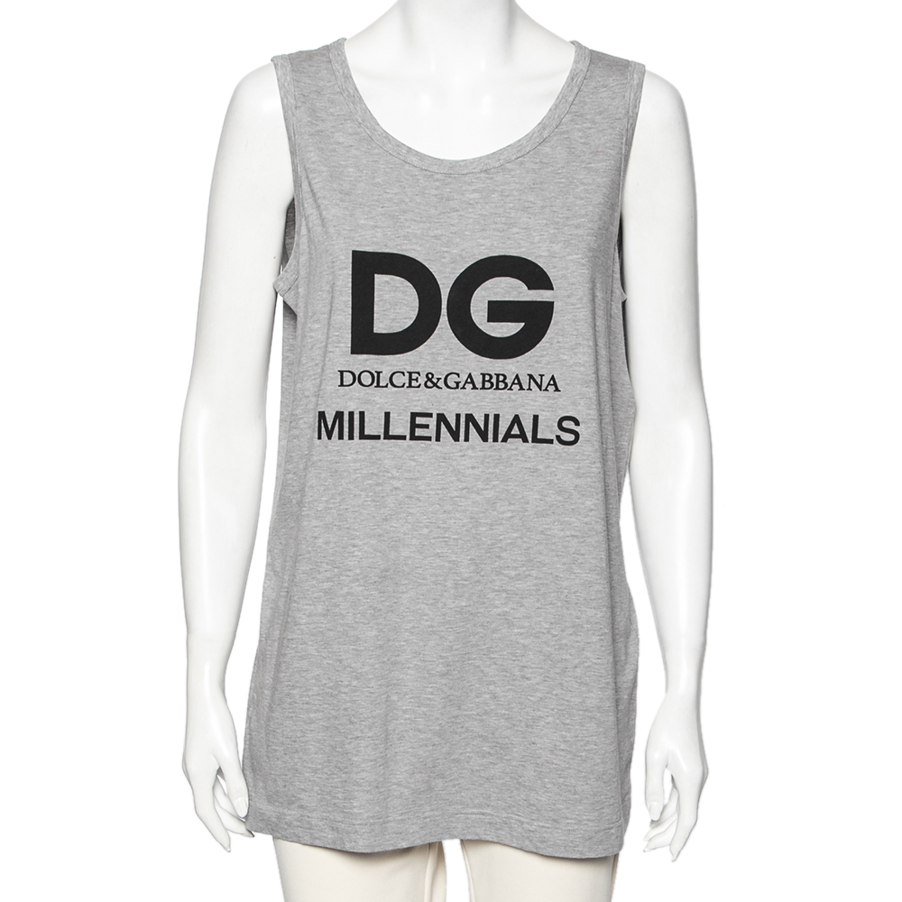 luxury-women-dolcegabbana-used-clothes-p591879-002-2 Dolce & Gabbana Grey Cotton Logo Printed Crewneck Tank Top M