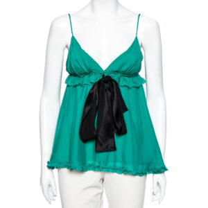 Dolce & Gabbana Green Silk Tie Detail Ruffled Sleeveless Top S