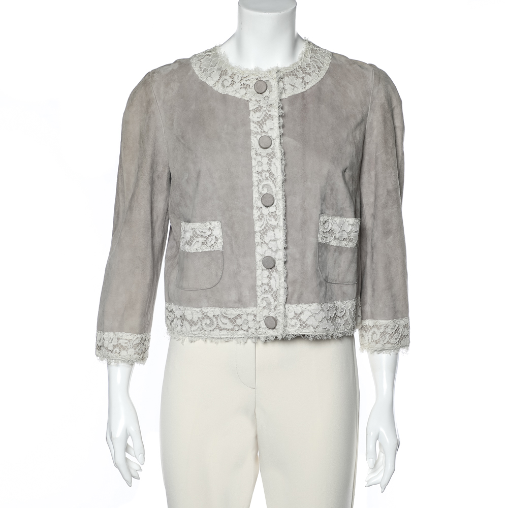 luxury-women-dolcegabbana-used-clothes-p595847-002-2 Dolce & Gabbana Beige Suede & Lace Trim Button Front Blouson Jacket M