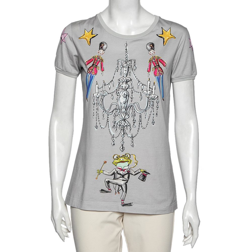 luxury-women-dolcegabbana-used-clothes-p614169-004-2 Dolce & Gabbana Grey Printed Cotton Crew Neck Short Sleeve Top M