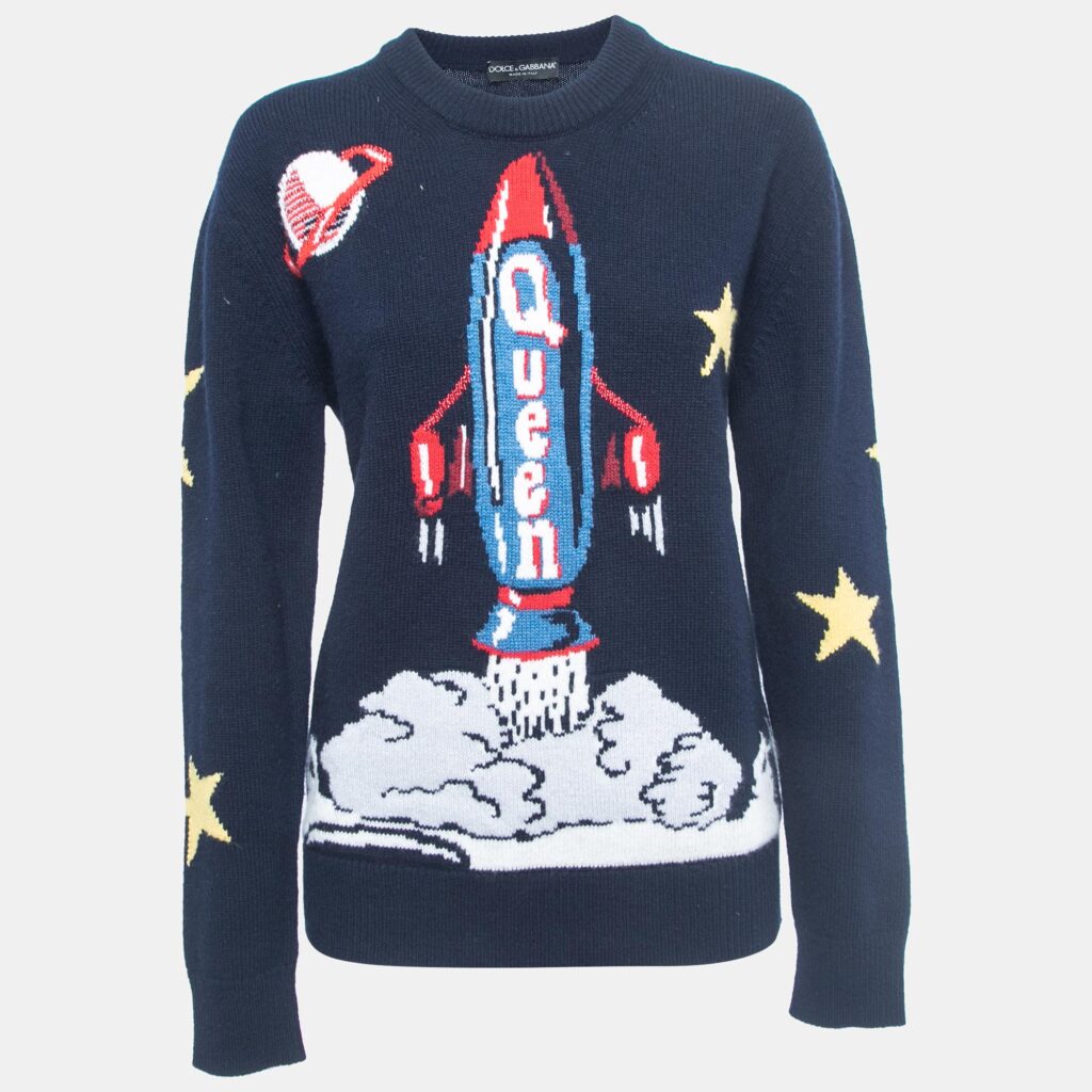 luxury-women-dolcegabbana-used-clothes-p860454-005 Dolce & Gabbana Navy Blue Spaceship Patterned Wool Sweater S