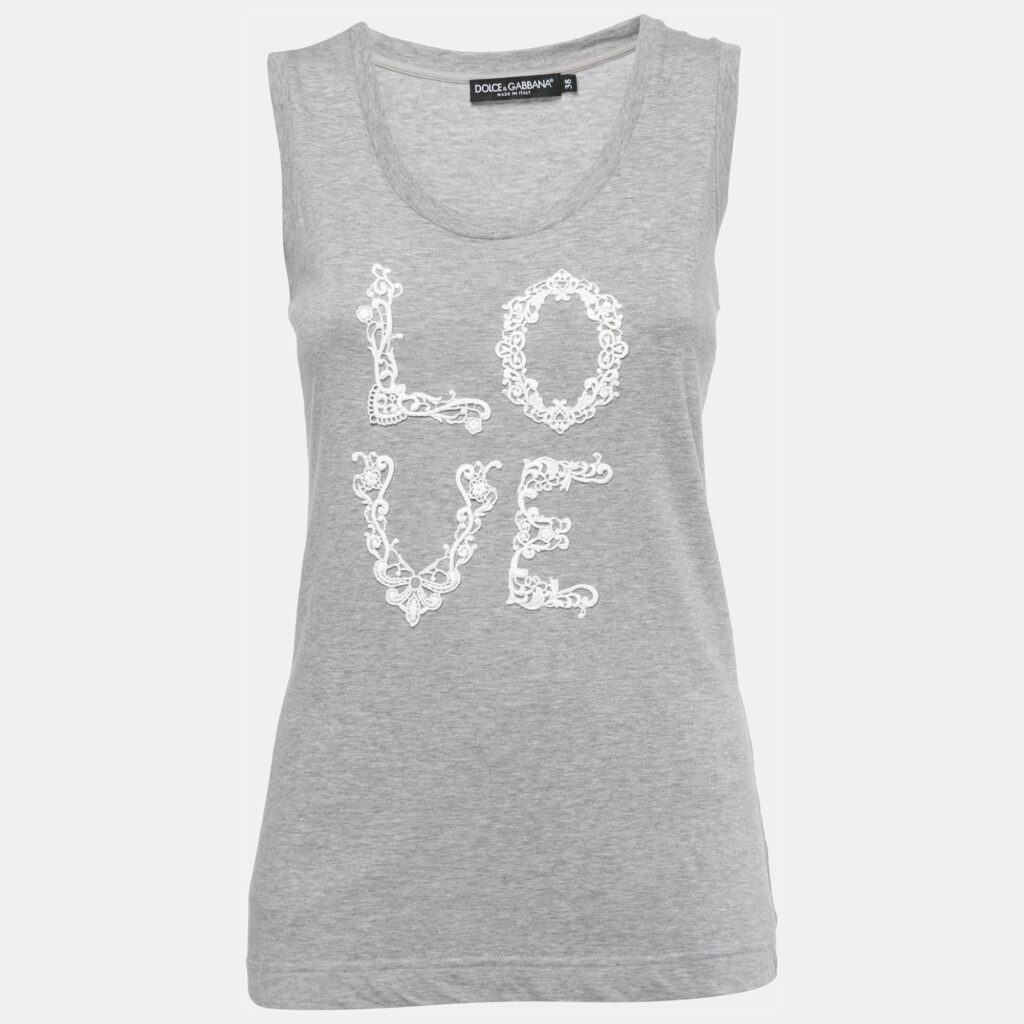 luxury-women-dolcegabbana-used-clothes-p861663-001 Dolce & Gabbana Grey Cotton LOVE Lace Patterned Tank Top S