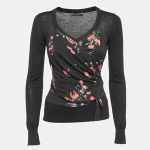 Dolce & Gabbana Black Floral Print Knit Draped Long Sleeve Top S