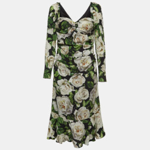 Dolce & Gabbana Black Floral Printed Stretch Crepe Midi Dress L