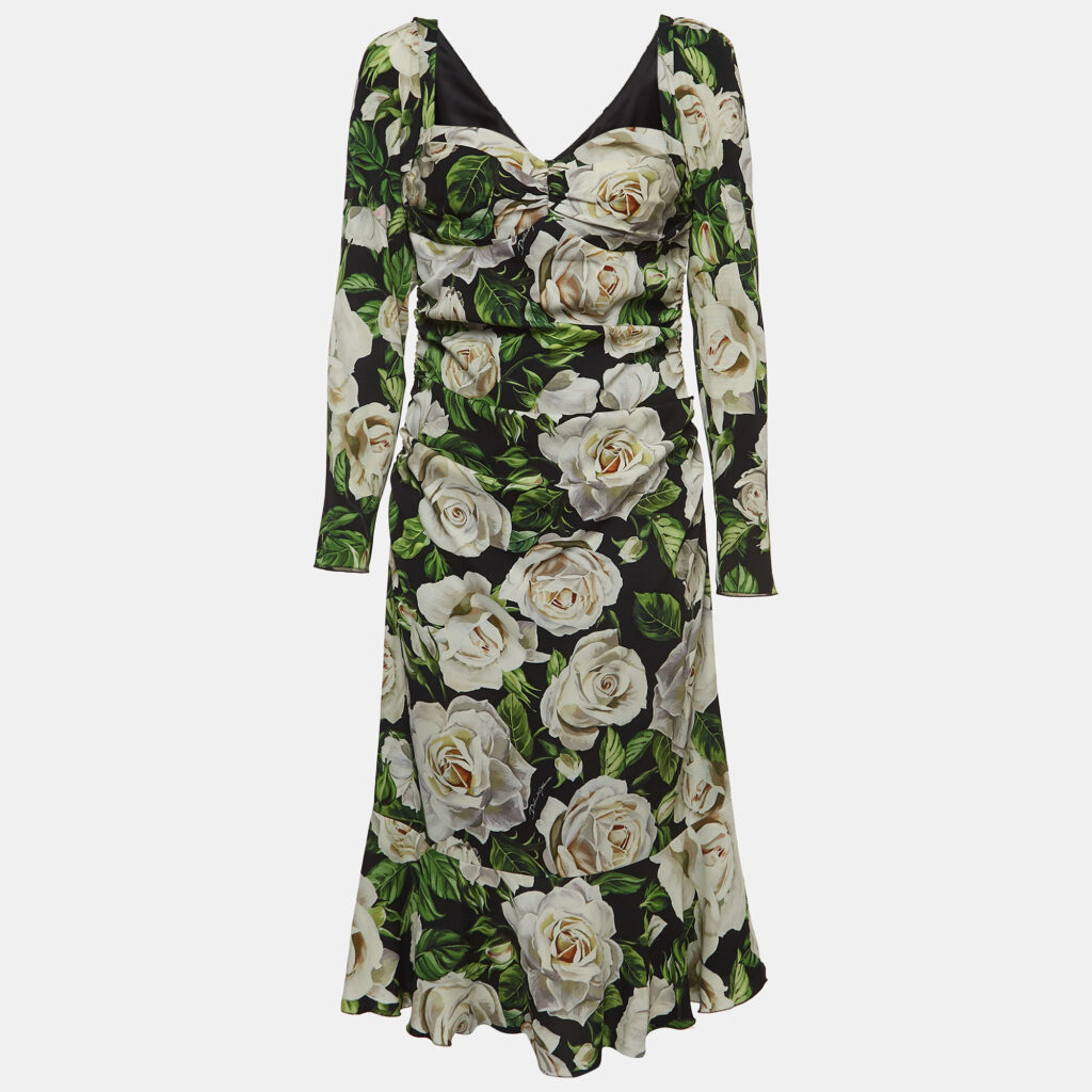 luxury-women-dolcegabbana-used-clothes-p917721-002 Dolce & Gabbana Black Floral Printed Stretch Crepe Midi Dress L