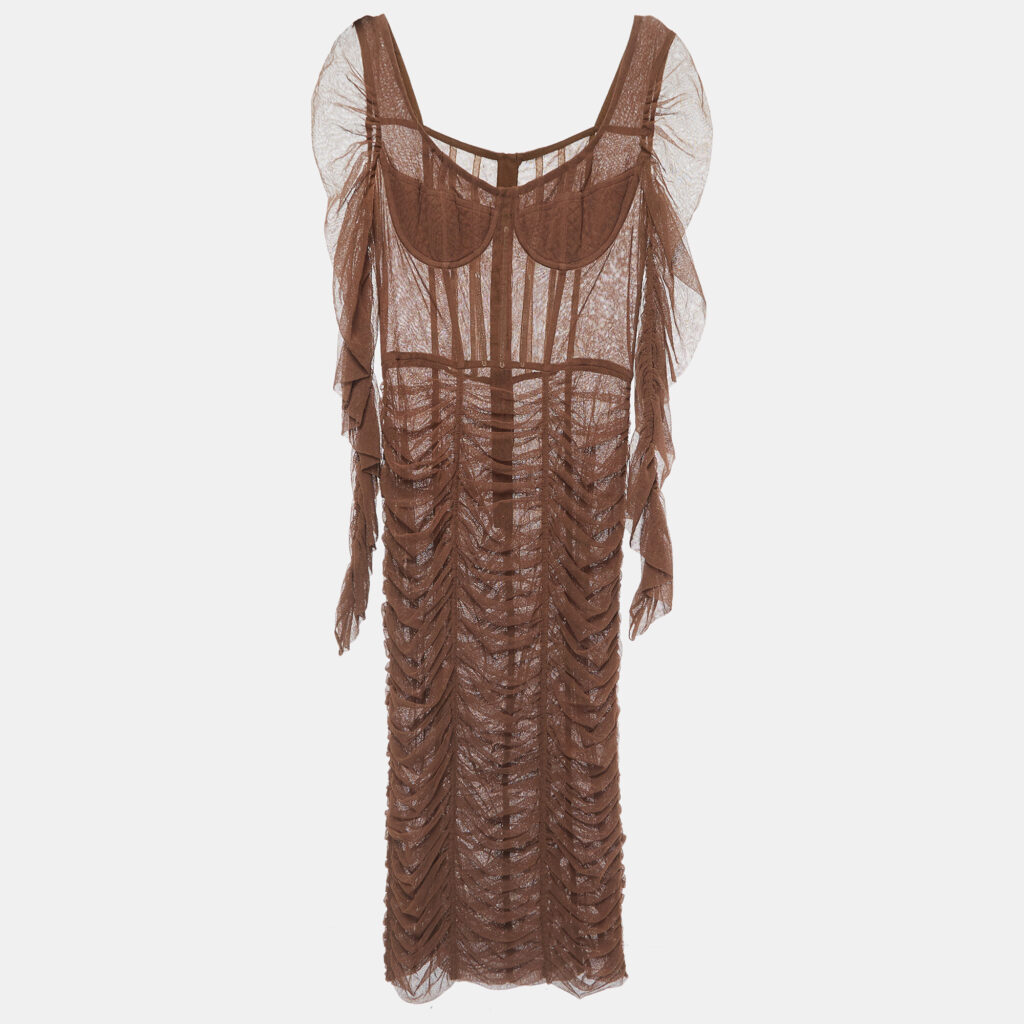 luxury-women-dolcegabbana-used-clothes-p918189-004 Dolce & Gabbana Brown Tulle Ruched Long Dress L